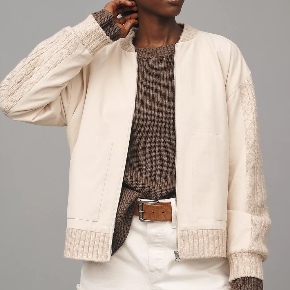 Anthropologie Ivory Bomber Jacket with Knit Sleeves